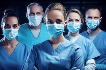 Fototapeta na wymiar Surgeons Team. Doctors wearing protective uniform after operation, looking at camera