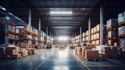 Warehouse full of racks and boxes, indoors