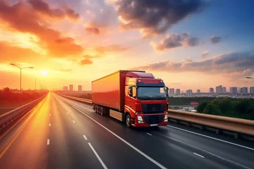 Foto op Canvas Logistics import and export by the big truck on the road with sunset behind © standret