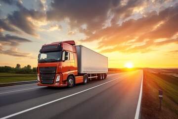 Logistics import and export by the big truck on the road with sunset behind