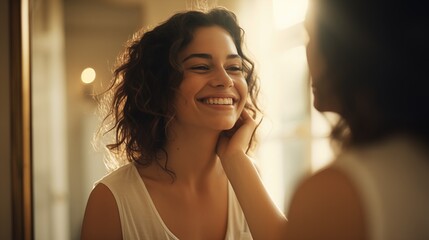A woman who smiles looking at her face in the mirror.