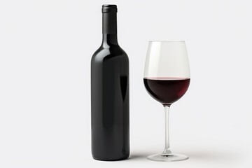 Red wine bottle mockup on white background with wine glass. Wine bottle with blank label