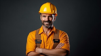 Professional male constructor worker in uniform and hard hat