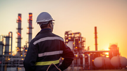Male petrochemical engineer wearing uniform, standing outdoors near the factory
