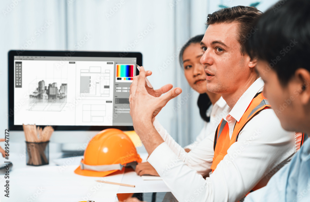 Aufkleber diverse group of civil engineer and client working together on architectural project, reviewing cons