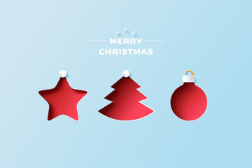 Star, Christmas tree and Christmas ball. Winter and Merry christmas element in paper cut style. Vector illustration.