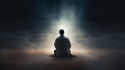 Rear view of man that praying and sitting in dark place with light - Powered by Adobe