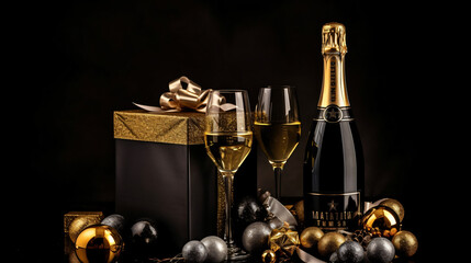 Christmas gift hamper with bottle of champagne