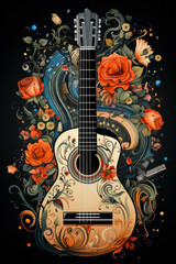 Classical guitar with flying notes and floral motifs. Generative AI.