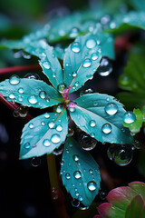 Plant leaves with water droplets splashed. Generative AI.
