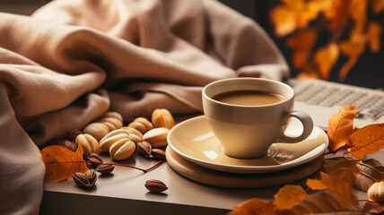 coffee, autumn mood. a cup with a scarf, a scarf on a white background. autumn mood