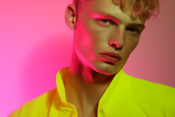 male model wearing fluro yellow editorial fashion shoot on plain neon pink studio background