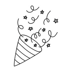 Party confetti popper. Isolated confetti, explosion, firecracker, celebration in doodle style. Vector illustration.
