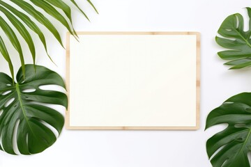Tropical summer stationery mock-up scene. Green tropical leaves with copy space. White table background with palm shadows