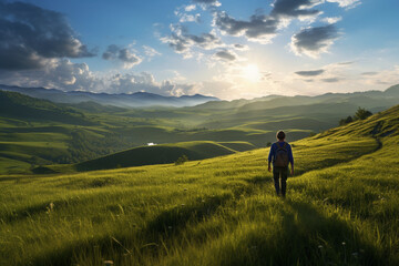 Obraz premium person on a mountain, person on a meadow, person in the mountains, Male hiker on top of a mountain looking out over mountains and lakes. Achievement and reaching the top.