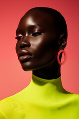 poc woman model wearing fluro yellow editorial fashion shoot on plain neon pink studio background
