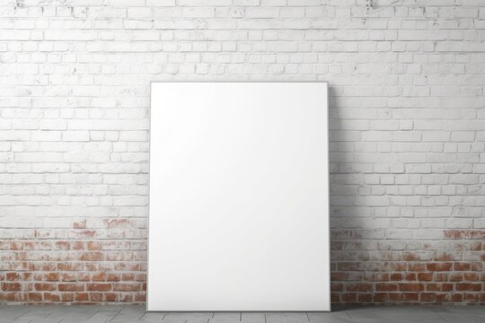 White Blank Poster in crack brick wall. For product display montage. Blank poster photo frame on vintage brick wall