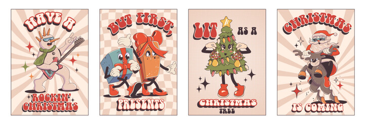 Funny Retro cartoon christmas Character in groovy 50s, 60s, 70s Vintage Style. Happy new year mascot with snowman, gifts, gingerbread, Santa, Deer. Lettering cards posters. © Tasha
