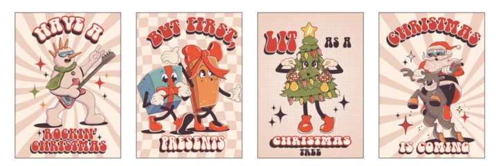 Poster Funny Retro cartoon christmas Character in groovy 50s, 60s, 70s Vintage Style. Happy new year mascot with snowman, gifts, gingerbread, Santa, Deer. Lettering cards posters. © Tasha