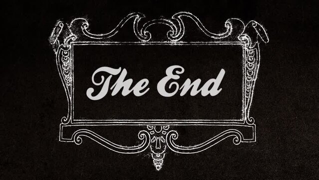 Classic animation: the words The End appearing into a pompous weiner art deco frame, 1920s silent film style, full of nostalgia and charm, aged and worn appearance.