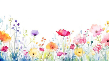 Colorful watercolor flower field border with white space