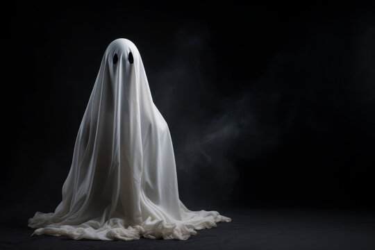 White sheet ghost before black studio background for Halloween