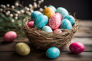 easter card, easter bunny with eggs, easter eggs and flowers, easter eggs in a basket, easter eggs and flowers on a white background, easter wall paper and background for social media