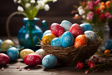 Fototapeta na wymiar easter card, easter bunny with eggs, easter eggs and flowers, easter eggs in a basket, easter eggs and flowers on a white background, easter wall paper and background for social media