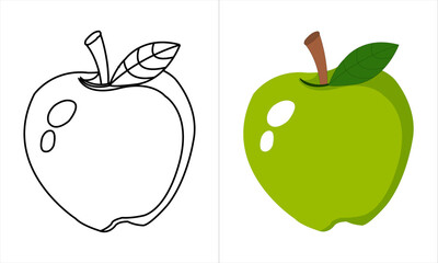 3d appple isolated vector set, apple in a splash of juice with drops Trace and color cute kawaii green apple. Handwriting practice for kids. Tracing and coloring page for preschoolers.