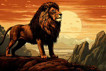 lion on a hill stock image, in the style of vintage poster design, ultra-detailed, sunrays shine upon it, woodblock prints, graphic design poster art, highly detailed realism, British post-war art