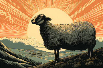 sheep on a hill stock image, in the style of vintage poster design, ultra-detailed, sunrays shine upon it, woodblock prints, graphic design poster art, highly detailed realism, British post-war art - obrazy, fototapety, plakaty