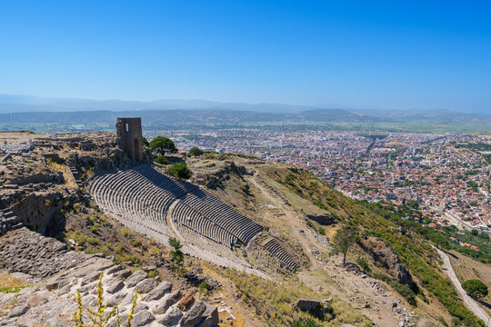 View point Amphitheater theater in Acropolis of Pergamon or Pergamum is Ancient Greek City, Museum archeology outdoor, Landmark of Tourism Turkiye, Bergama, Izmir, Turkey. World Heritage of unesco.