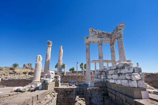 Altar of Zeus, Temple of Trajan in Acropolis of Pergamon or Pergamum is Ancient Greek City, Museum archeology outdoor, Landmark of Tourism Turkiye, Bergama, Izmir, Turkey. World Heritage of unesco.