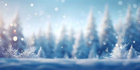 A Winter Landscape Featuring a Snow Covered Fir Tree with a Forest in the Background, Adorned by Abstract Defocused Snowflakes