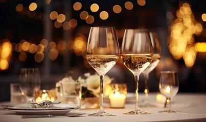 A couple of wine glasses sitting on top of a table - obrazy, fototapety, plakaty