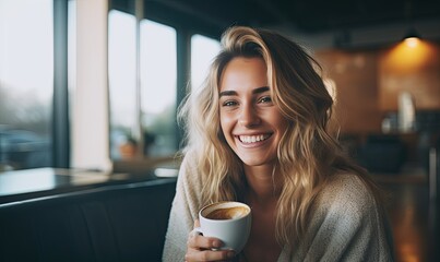 A woman sitting at a table with a cup of coffee - obrazy, fototapety, plakaty