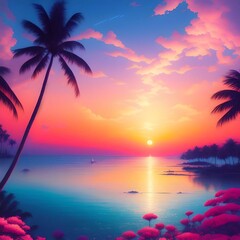 Fototapeta na wymiar Beautiful Beach Landscape with Palm Trees and Flowers during Sunset Illustration