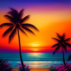 Obraz premium Picturesque Beach Landscape with Palm Trees and Flowers during Sunset Illustration