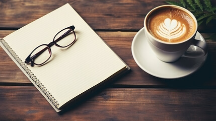Coffee cup and notebook on wooden table. Top view with copy space