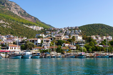 View of the Turkish city of Kas. Tourist attractions of Turkey and Mediterranean Sea. Travel, vacation, tourism concept.