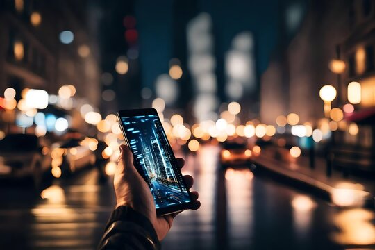 Fototapeta Blurred city lights with a smartphone showcasing a VPN connection, ensuring private and anonymous browsing in the cyber realm.