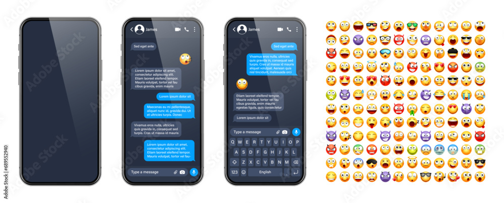 Wall mural smartphone messaging app, user interface with emoji. sms text frame. chat screen, blue message bubbl