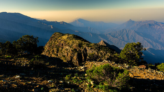 Discover the beauty of Saudi Arabia. Extraordinary landscape of the Asir Mountains, Sarawat mountain range in Billasmar area.