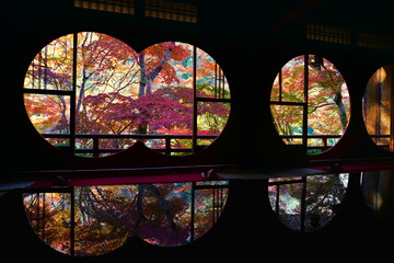 Beautiful autumn leaves viewed through the round windows of a traditional Japanese house in Kyoto Prefecture.