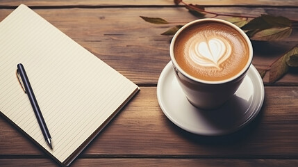 Coffee cup and notebook on wooden table. Top view with copy space