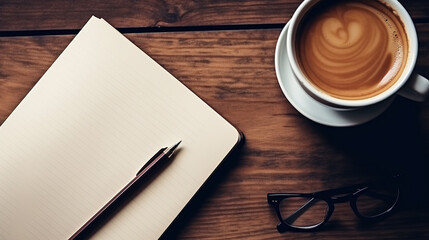 Coffee cup and notebook on wooden table. Top view with copy space - obrazy, fototapety, plakaty