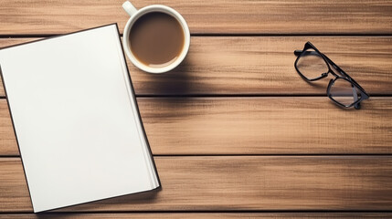 Coffee cup and notebook on wooden table. Top view with copy space.