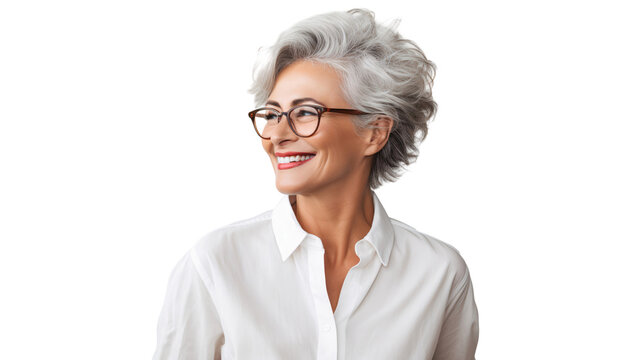 Portrait of a smiling, well-groomed elderly woman with gray hair and glasses in a linen shirt, isolated on transparent background