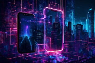 A phone screen displaying a firewall amid the neon glow of a cyber city, defending against virtual threats. - obrazy, fototapety, plakaty
