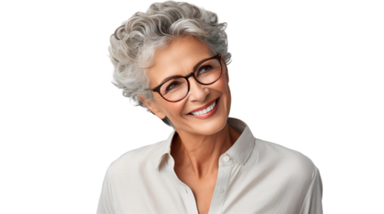 Portrait of a smiling, well-groomed elderly woman with gray hair and glasses in a linen shirt, isolated on transparent background